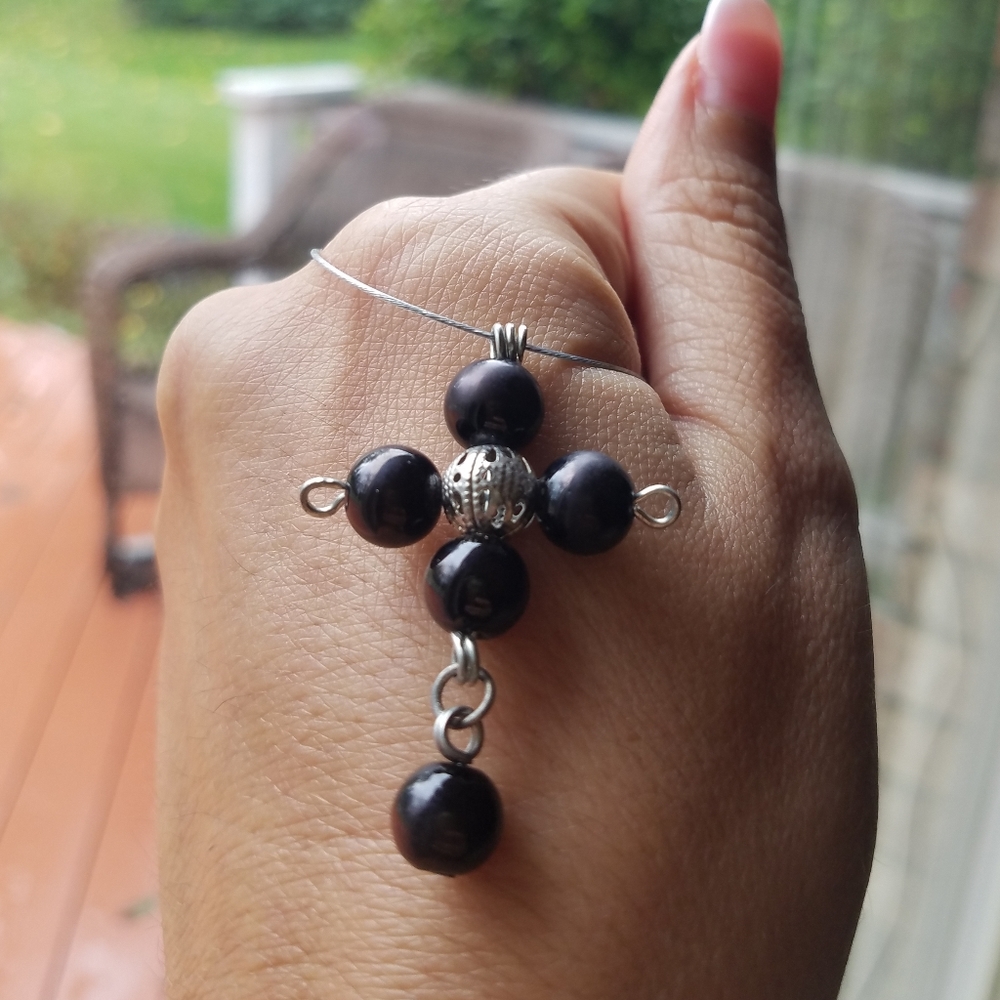 Black Faux Pearl Symbolic Cross Pendant Choker Necklace Handmade NEW